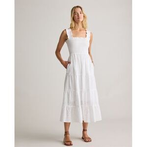 Quince White Tiered Smocked Eyelet Midi Dress